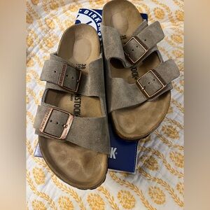 Birkenstock Arizona Suede Double Strap Sandals in Taupe with Copper Buckles